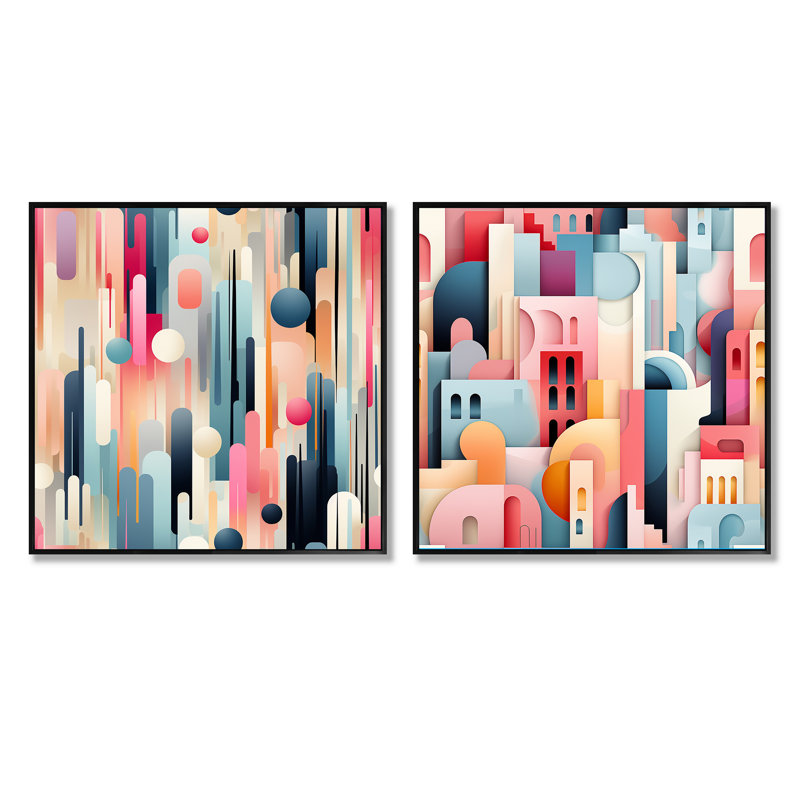 Cityscape Lines Striped Pattern - Abstract Shapes Square Collage Set Of 2, Black Floater Framed, 16" H x 33" W