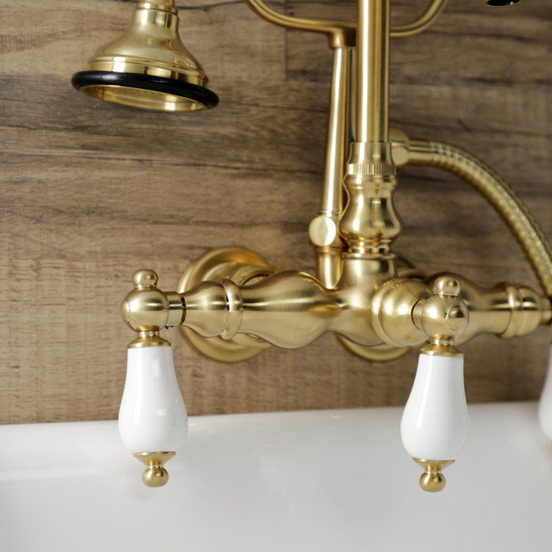 Kingston Brass Aqua Vintage Three-Handle 2-Hole Tub Wall Mount Clawfoot Tub Faucet with Hand Shower, Brushed Brass