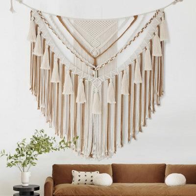 Panneau d'art texturé mural en macramé brun fait à la main