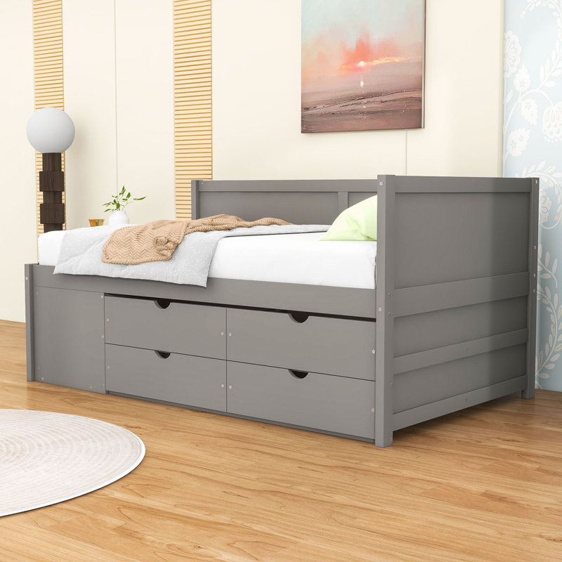 Wood Daybed with Pull-Out Drawers and Shelves, Gray, Twin