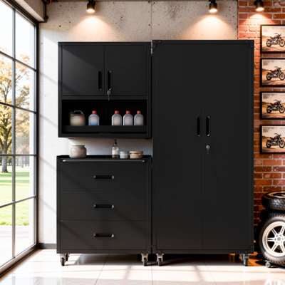Ensemble de rangement pour garage en 3 pièces : armoires métalliques à roulettes, armoire murale, coffre à outils à 3 tiroirs sur roulettes, armoire à panneaux perforés haute et organisateur de coffre à outils verrouillable.
