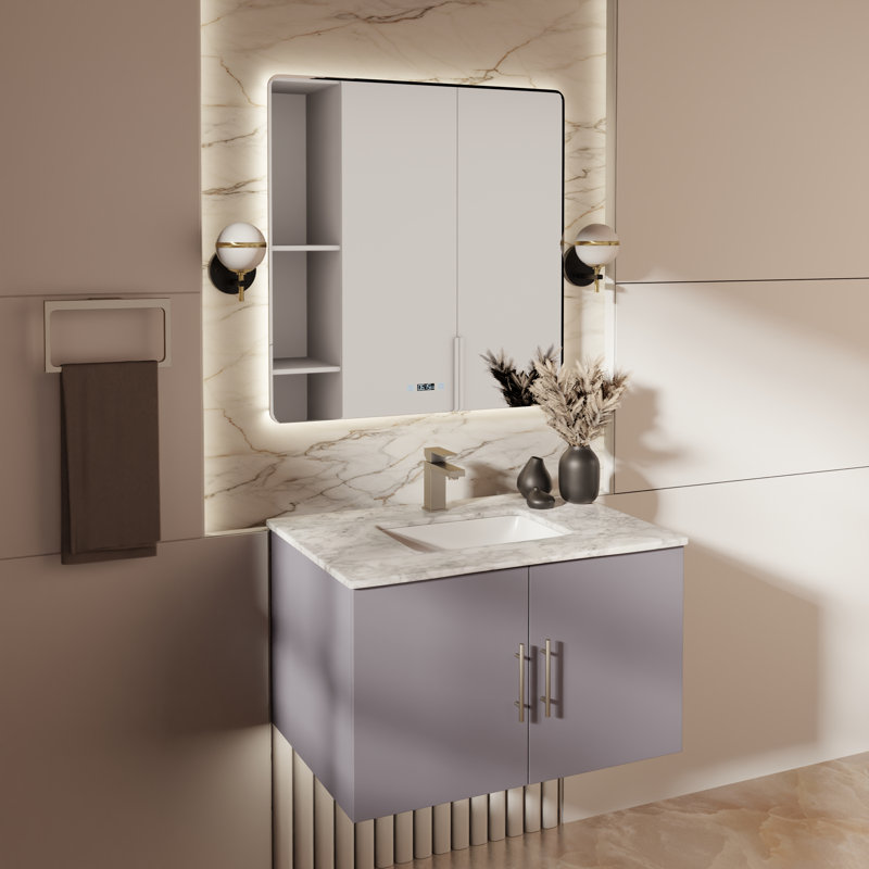 Ensemble de meuble-lavabo mural simple 30 "avec miroir Geneva, Gris foncé, Marbre de Carrare blanc