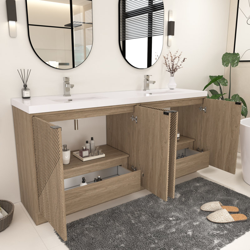 Meuble-lavabo autoportant de 70,8 po avec double lavabo en acrylique renforcé Monterey, Marron clair, 72"