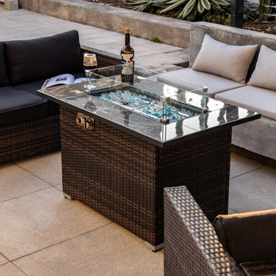 24'' H x 44" W Outdoor Propane Fire Pit Table with Glass Wind Guard, Lid and Hideaway Gas Tank Seat