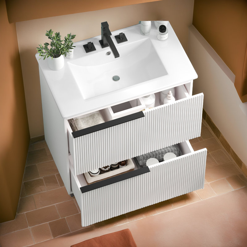 Meuble-lavabo Hurlburt avec lavabo en céramique intégré et rangement intelligent?, Blanc