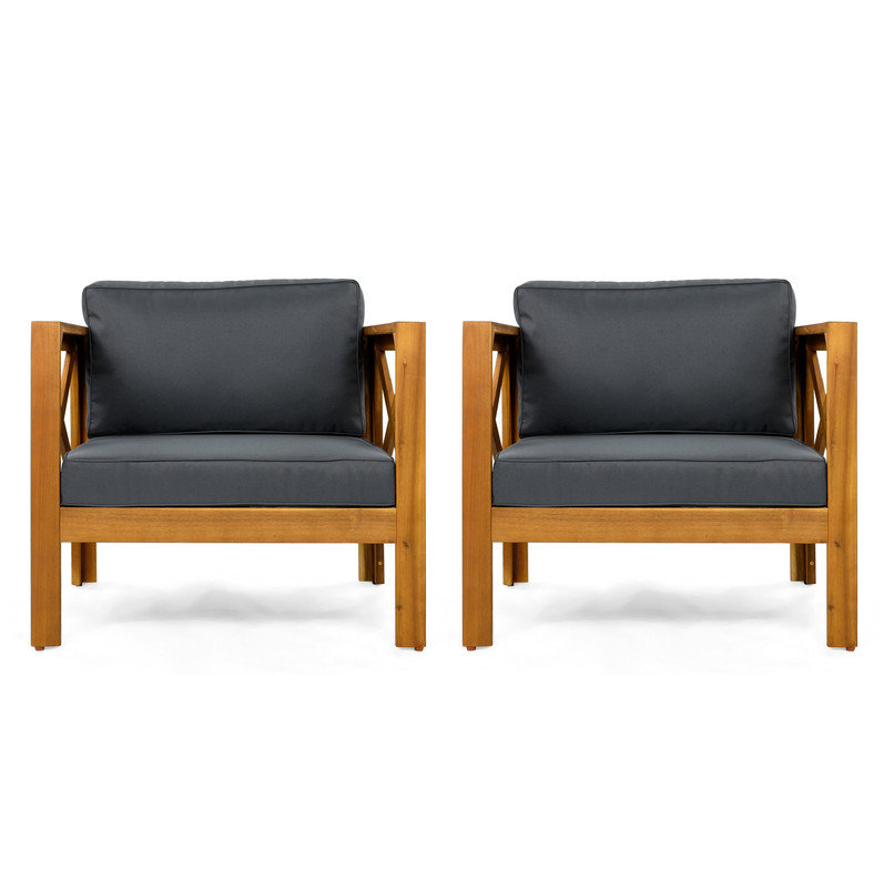Fauteuil club d'extérieur en bois d'acacia avec coussins (ensemble de 2), ensemble conversation, finition teck, coussin gris foncé