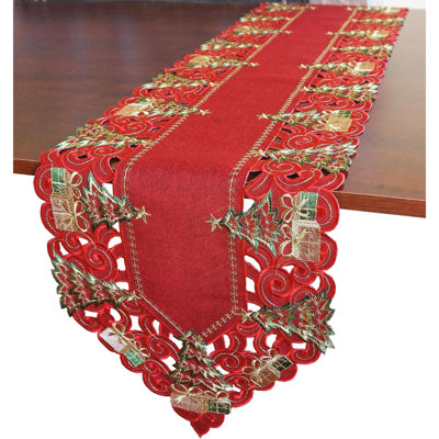 Chemin de table de Noël des Fêtes, poinsettia découpé brodé floral, arbres de Noël, commode, écharpe, dessus de table pour la maison, décoration de table de Noël (chemin de table 13 po x 70 po, poinsettia)