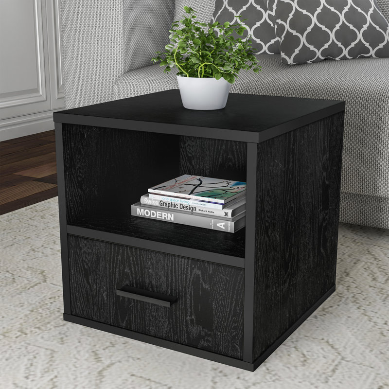 Stackable Side Table with Drawer, Black, Black