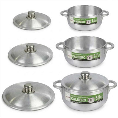3 Pcs Set Heavy Gauge Aluminum Caldero With Lid. Set Includes 1.6 Qt, 2.74 Qt & 5.9 Qt.