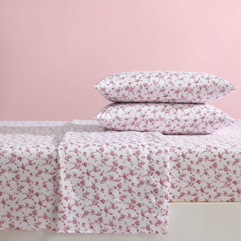 Betsey Johnson Printed Novelty Sheet Sets, Floral Toile Pink, Twin XL Sheet Set with 1 Standard Pillowcase