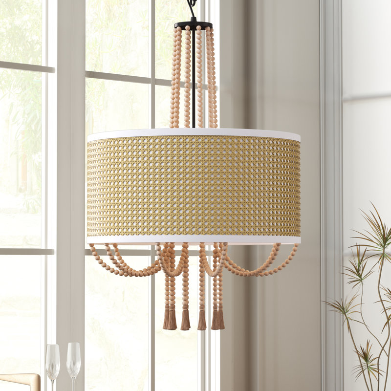 5-Light 19"W Boho Style Natural Brown Color of Bamboo Weaving Drum Chandelier For Living Room/Bedroom