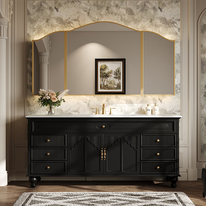 French retro style floor-standing bathroom cabinet, Black, 33.46'' H x 62.99'' W x 21.65'' D