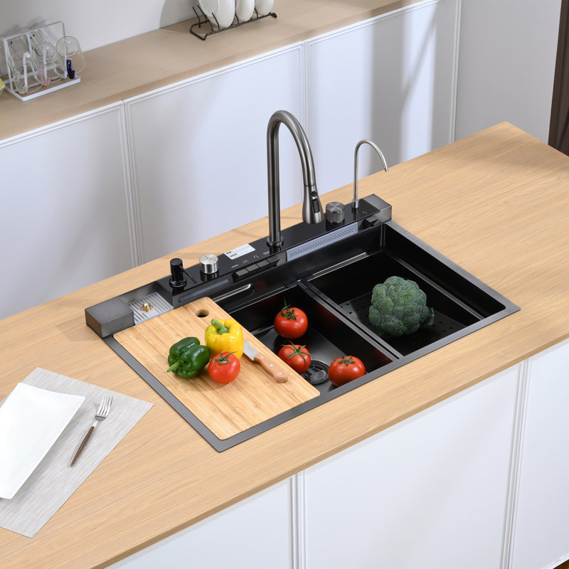 33"L × 22"W Drop-in Single Bowl Stainless Steel Kitchen Sink with Digital Display Workstation Sink, Black