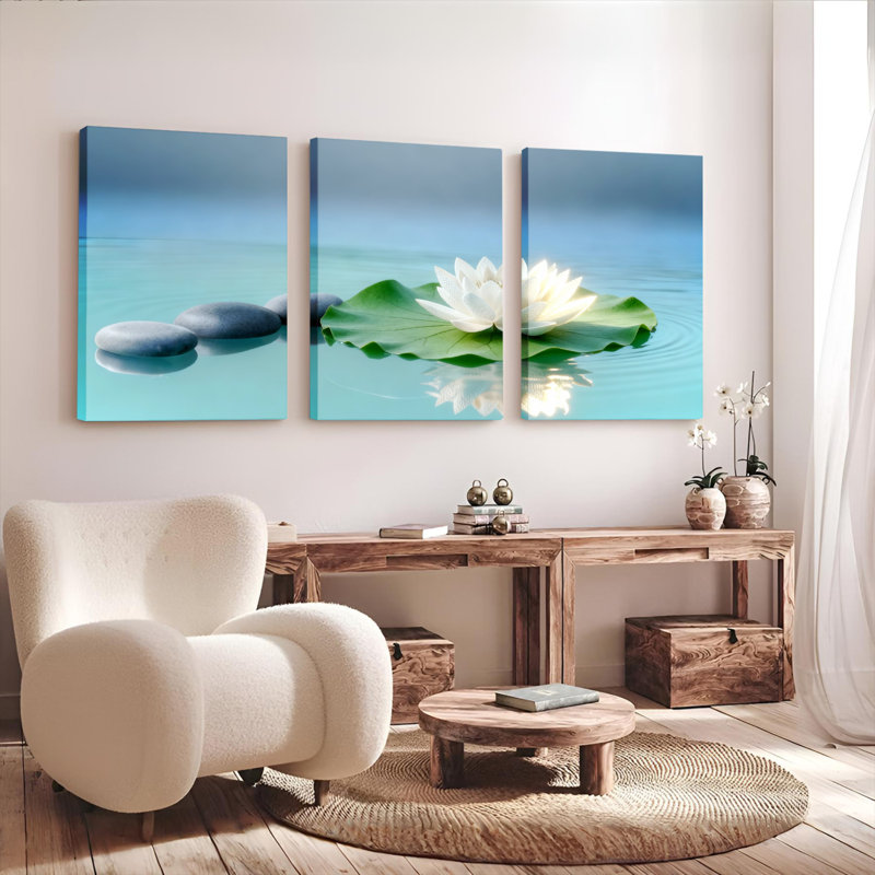 Ensemble de 3 tableaux sur toile tendue représentant des nénuphars et des pierres zen, H 30 po x l 60 po