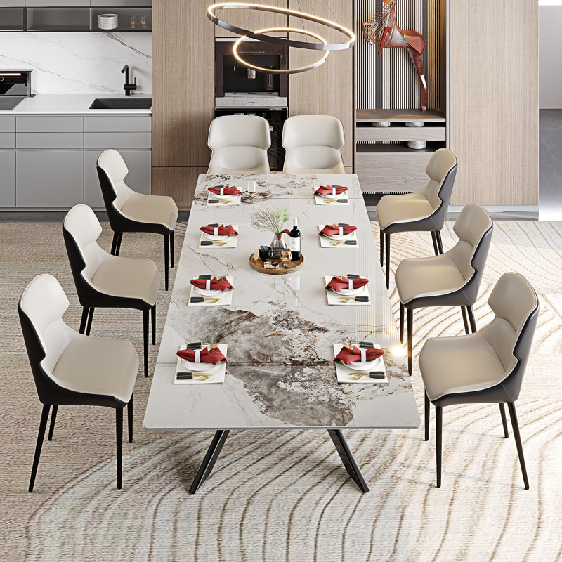9-Pieces Glam Extended Dining Table Set With 78.7''-110'' Expandable Faux Marble Top And 8 Faux Leather Dining Chairs, Chanel
