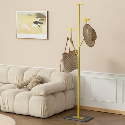 Tree-Shaped Metal Coat Rack With Heavy-Duty Marble Base, Space-Saving Corner Clothing Tree For Entryway & Bedroom(Gold)