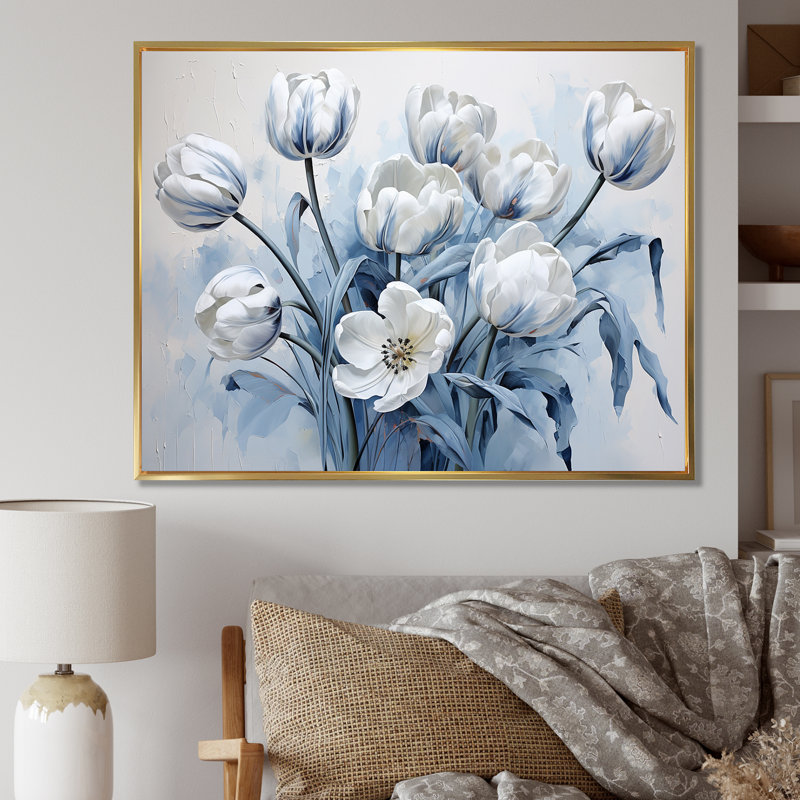 Minimalisme, tulipes bleues et blanches, coup de pinceau sur toile, Cadre flottant doré, H 12 po x l 20 po x P 1 po