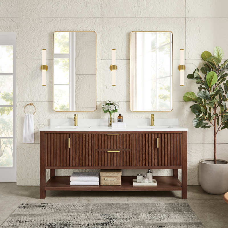 Meuble-lavabo double 72 po avec plateau en pierre composite Chace, Chêne brun foncé vieilli / or brossé