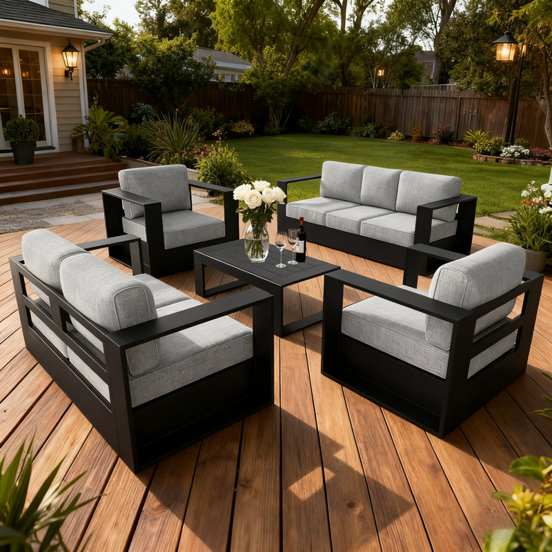 Modern Outdoor Aluminum 5-piece Conversation Set With Coffee Table, Gray, Black
