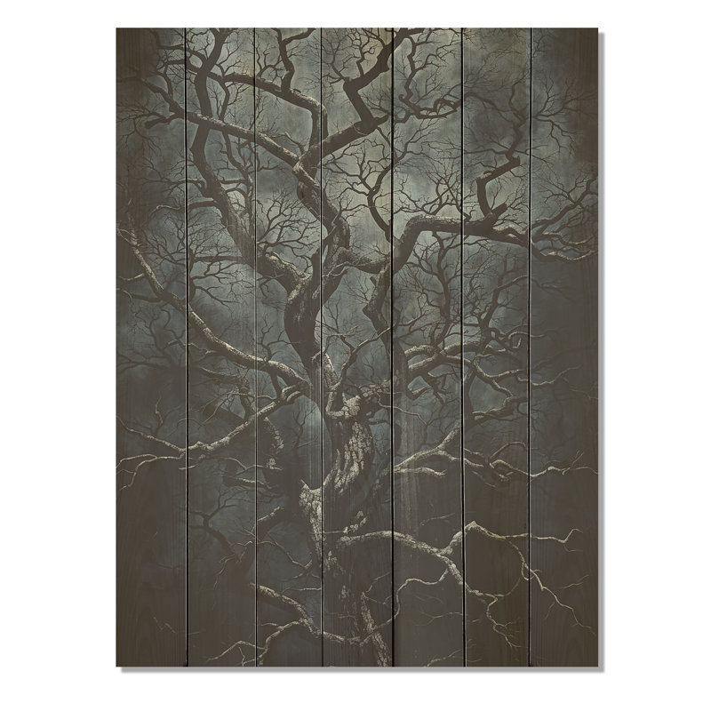 Arbre gothique gris la nuit I - Arbre sur bois, H 44 po x l 34 po