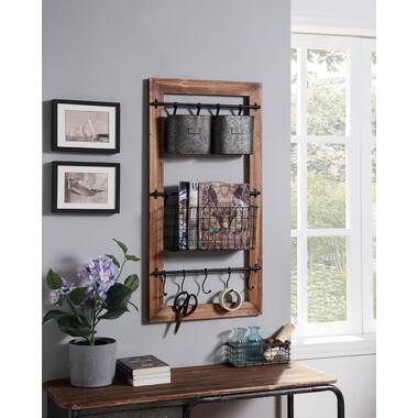 Pinnacle Metal and Wood Wall Organizer with Baskets and Hooks