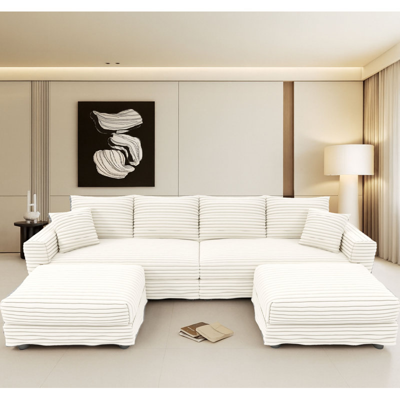 Canapé modulaire moderne en velours côtelé 4 places avec 2 repose-pieds, H 35,35 po x l 102,42 po x P 66,94 po, Beige