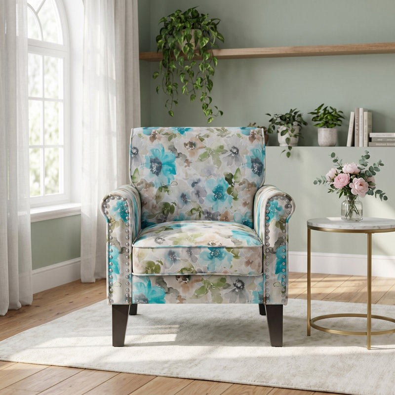 Fauteuil d'appoint à accoudoirs roulés l 33,5 po avec garniture cloutée et pieds en bois massif, Bleu