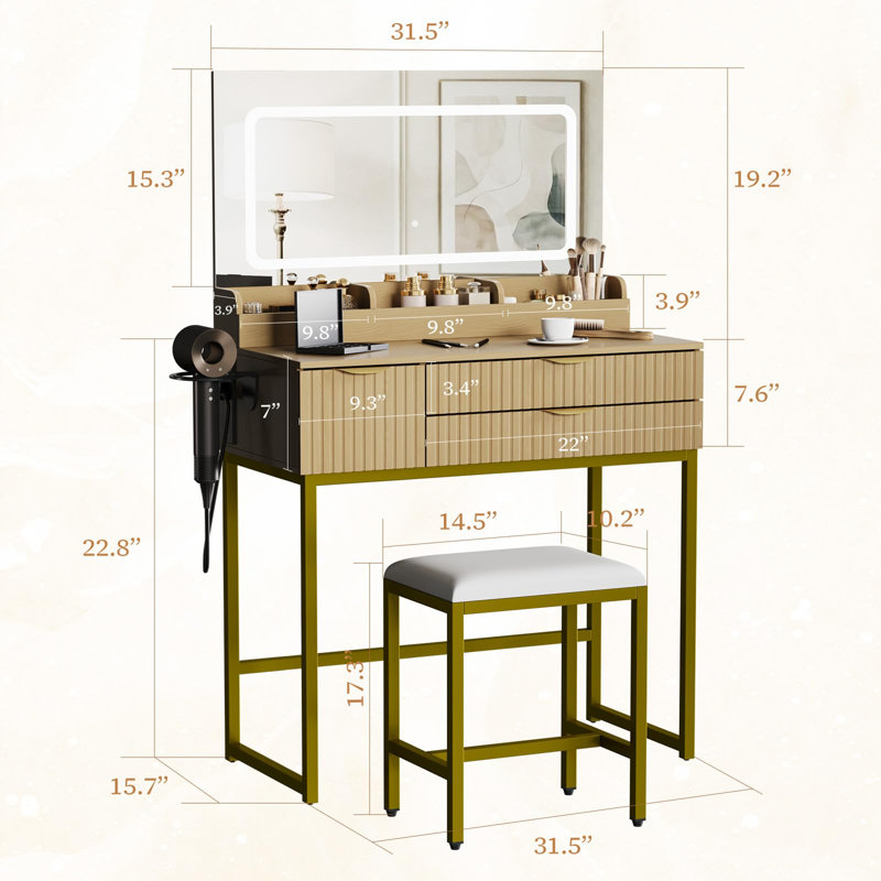 Ensemble de coiffeuse à miroir avec miroir, lumière tactile réglable et tabouret, petite coiffeuse avec prise de courant, 3 tiroirs et 4 tablettes, ensemble de coiffeuse moderne pour la chambre à coucher