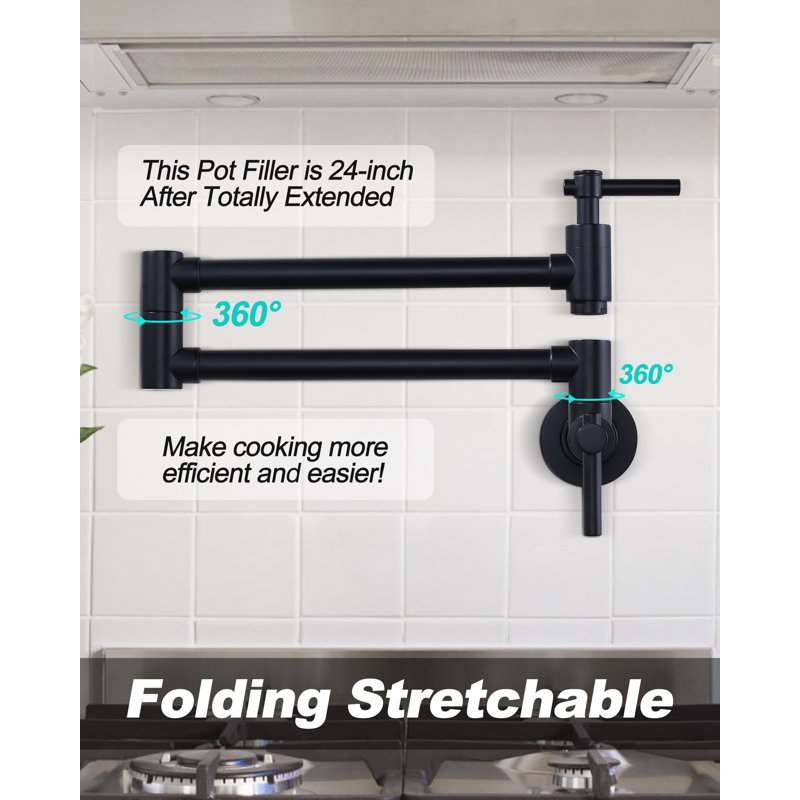 Brass Wall Mounted Two-Handle Pot Filler Kitchen Faucet with Double Joint Swing Arm, Black