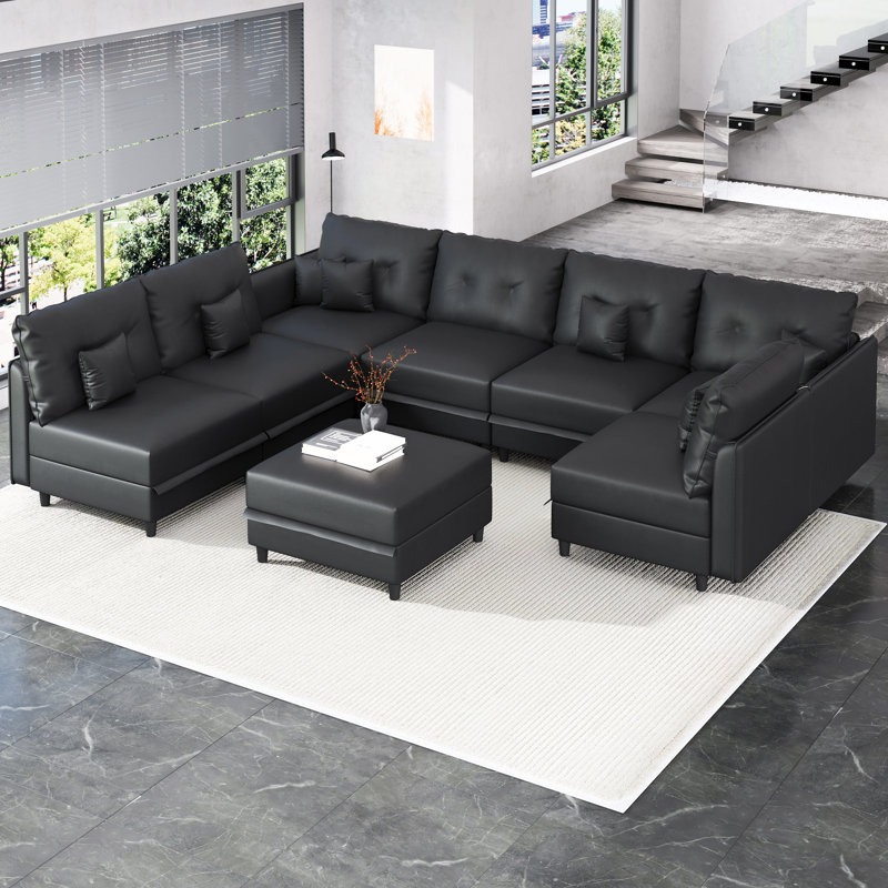 Zendajas 8 - Piece Upholstered Sectional Modular Sofa With Storage Ottoman, Black Faux Leather