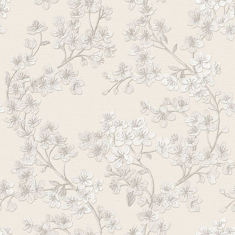 CONCORD WALLCOVERINGS Textured Wallpaper Floral Featuring Cherry Blossom, Off-White/Silver