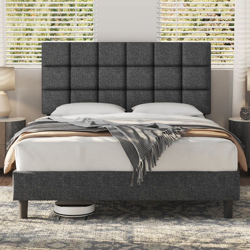 Size Modern Upholstered Bed Frame with Adjustable Square Tufted Headboard, Kingsize (5'), Dark Grey
