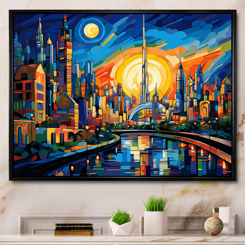 Pop Pop Cityscape I - reproduction sur toile, Cadre flottant noir, H 16 po x l 32 po x P 1 po