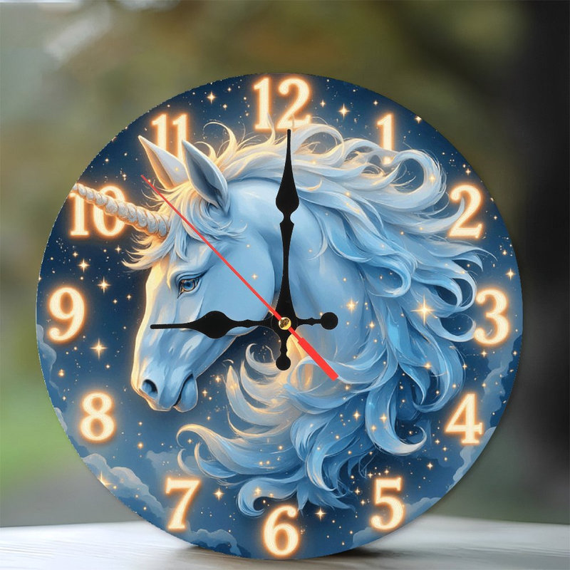 Décoration murale artistique horloge de nuit licorne bleue