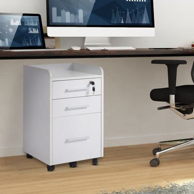 Classeur vertical à 3 tiroirs avec serrure et plateau à rebords, support pour imprimante à roulettes avec rails suspendus pour dossiers format A4 / lettre / légal, classeur pour bureau personnel, 15,4 po x 15,7 po x 25,7 po, blanc