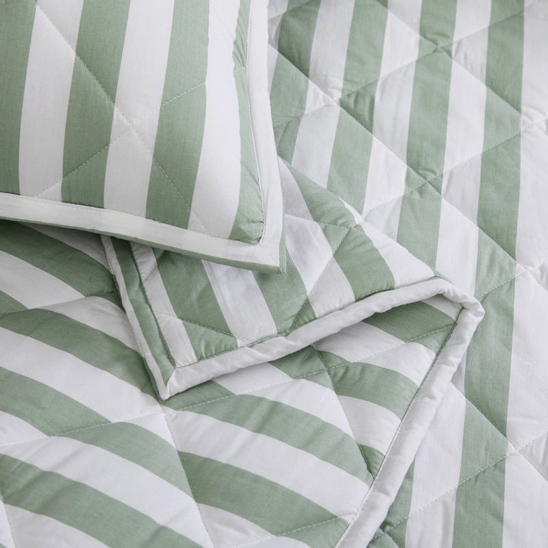 Brooklyn Loom Levi Stripe Quilt Set, White/Sage Green, Queen Quilt + 2 Standard Shams