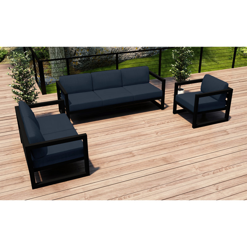 Avion 3 Piece Sofa Loveseat Set, Spectrum Indigo Sunbrella®, Black