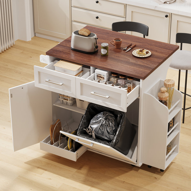 Farmhouse Kitchen Island with Drop Leaf, Spacious Storage, Removable Side Racks, and Rolling Wheels for Versatile Use, White