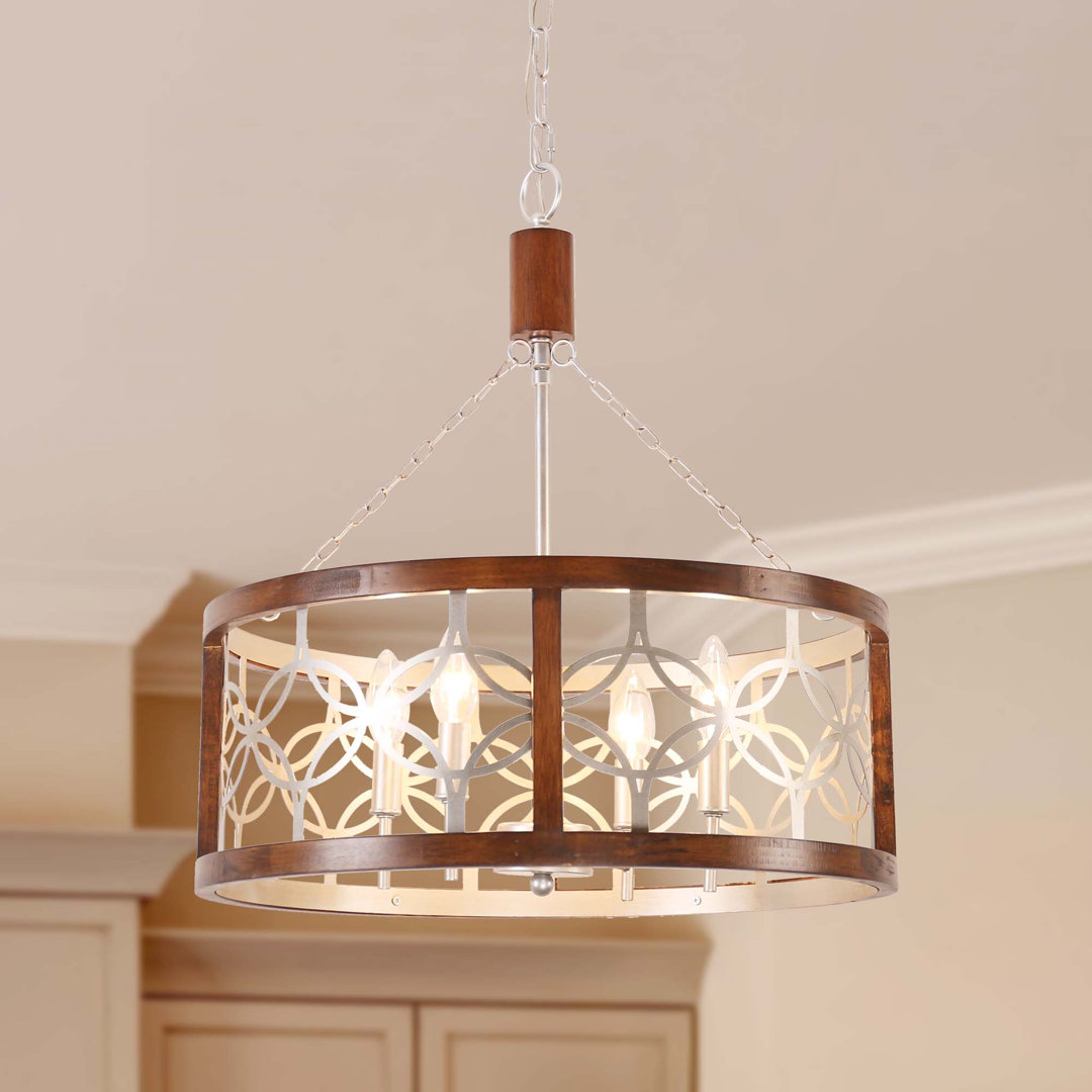 Ambrose 19.7" Caged Wood Chandelier Adjustable Pendant Light with Wood Accents Laurel Foundry Modern Farmhouse® 