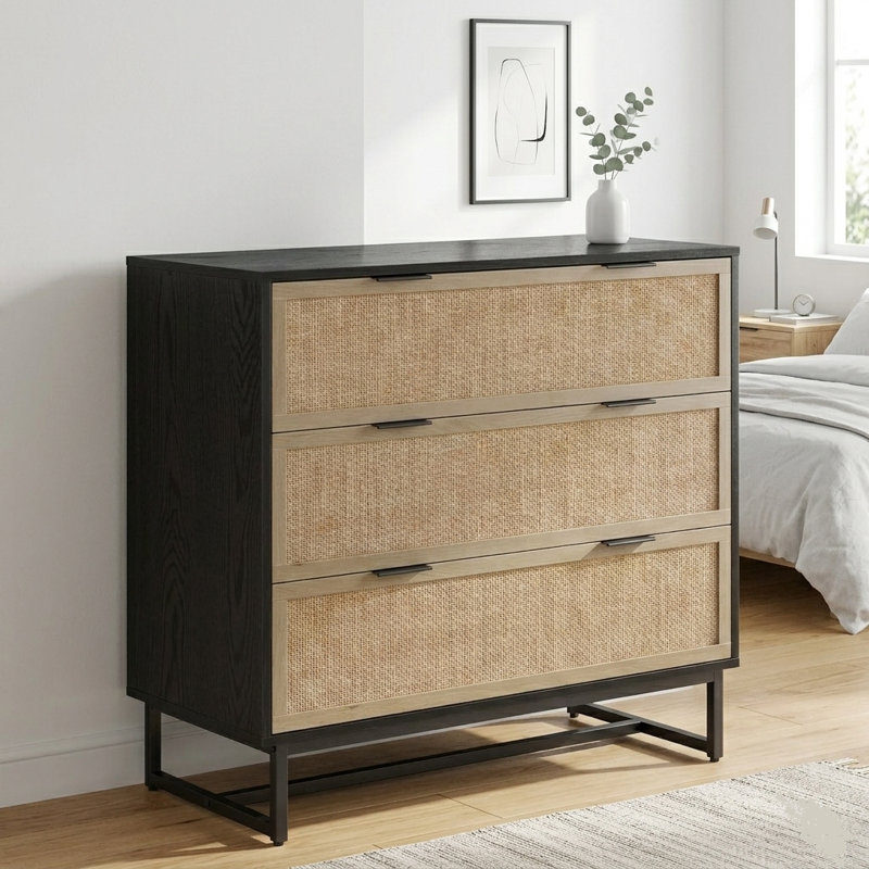 Rattan Dresser For Bedroom, 37.2" Wide 3 Drawer Dresser With Metal Handles, Wood Storage Dressers & Chests Of Drawers For Hallway, Black