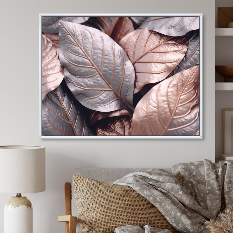 «Gold Pink Leafs Harmony I» sur toile, Cadre flottant blanc, H 30 po x l 40 po x P 1,5 po