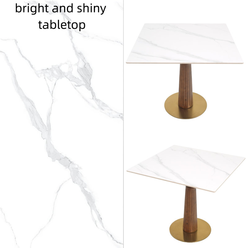 33.5'' Sintered Stone Solid Wood Square Dining Table, White/Gray
