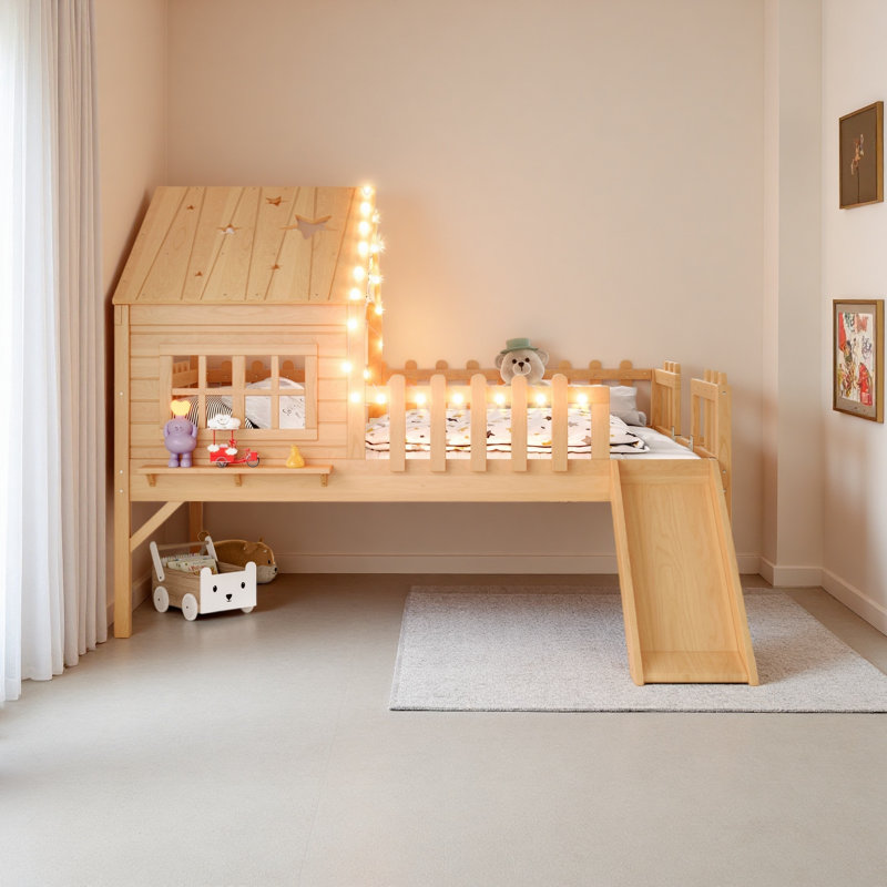 House Loft Bed With Slide,Playhouse Bed With Star Moon-Shaped Designs And Window, Chic Design With LED Lights,No Box Spring Needed