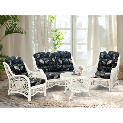 Jamesville 4 - Piece Living Room Set, Natural Rattan, White