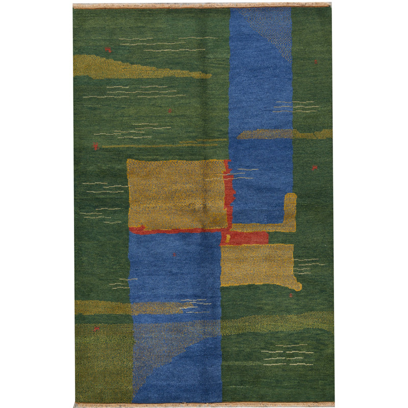 Hand-Knotted High-Quality Green, Blue, and Yellow Area Rug