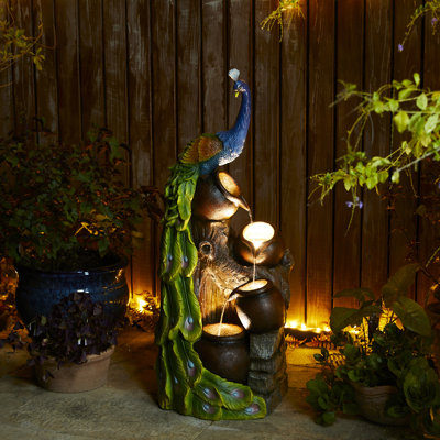 40"H Oversized Peacock & Jars Floor Fountain, 4-Tier Outdoor Water Feature with LED Lights, Polyresin