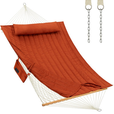 Grand hamac en corde avec coussin et oreiller en polyester, hamac avec barres d'écartement en bois franc, capacité de 475 lb pour une terrasse de patio pour 2 personnes - terre cuite