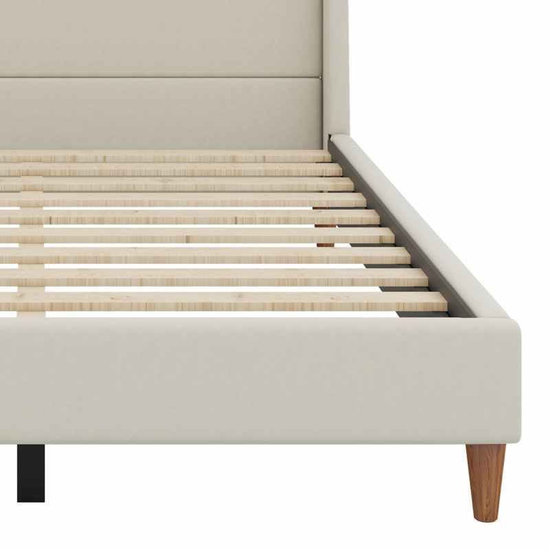 Modern Upholstered Platform Bed With Wingback Headboard And Wooden Legs, Queen, Beige
