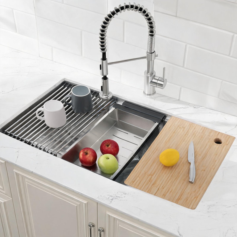 Évier de cuisine encastré à une cuve en acier inoxydable gris foncé de 91 cm (36 po) avec planche à découper, passoire et grille.