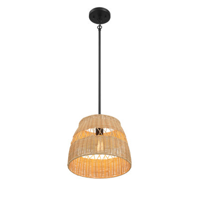 Luminaire suspendu Essence avec lumières en rotin et finition en métal noir pour un style campagnard